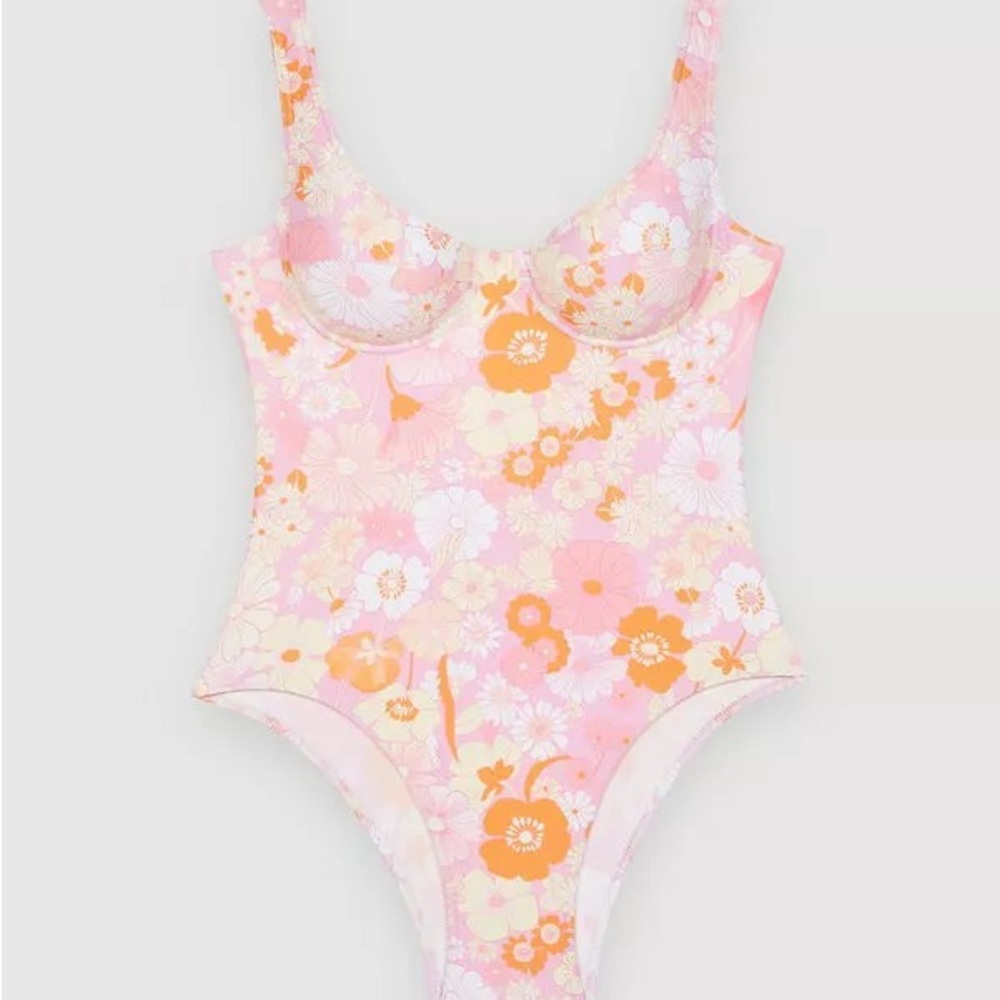 Maje One Piece Floral Printed Pink and Orange Swimsuit